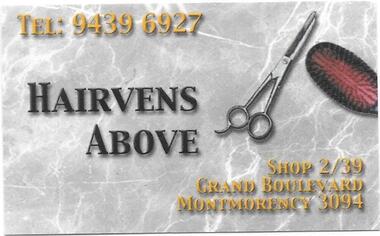 Business card and leaflet, Hairvens Above, 13/12/2014