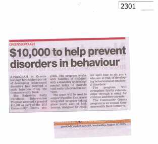 Newspaper Clipping, $10,000 to help prevent disorders in behaviour, 12/08/2015