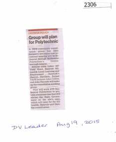 Newspaper Clipping, Group will plan for Polytechnic, 19/08/2015
