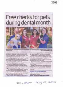 Newspaper Clipping, Diamond Valley Leader, Free checks for pets during dental month, 19/08/2015