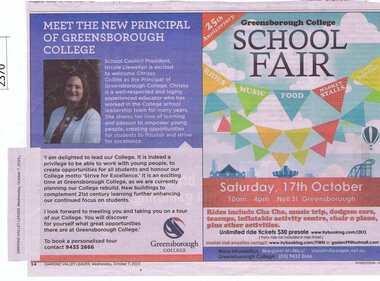 Newspaper Clipping, Meet the new Principal of Greensborough College Gr8750, 07/10/2015