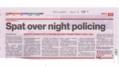Newspaper Clipping, Spat over night policing, 04/11/2015