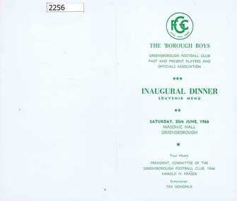 Menu, Greensborough Football Club, The 'Borough Boys: Inaugural dinner souvenir menu, 25/06/1966