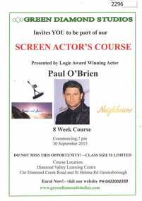 Advertising Leaflet, Green Diamond Studios, Screen actor's course, 30/09/2015