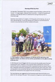 Article, Naming of Barclay Park, 07/11/2015