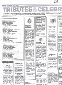 Newspaper clipping, Death notice for Mrs Cordner 2009, 16/12/2009