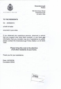 Leaflet, Police report 2010, 20/08/2010