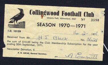 Receipt, Collingwood Football Club, Collingwood Football Club Season 1970-1971, 16/02/1971