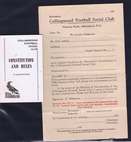 Booklet and form, Collingwood Football Club, Collingwood Football Social Club Constitution and Rules, 30/10/1963