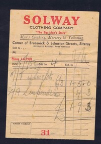 Receipt, Solway Clothing Company, Solway Clothing Company 1952, 15/01/1952