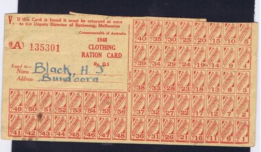 Ration card, Commonwealth of Australia. Deputy Director of rationing, Clothing ration card, 1948_