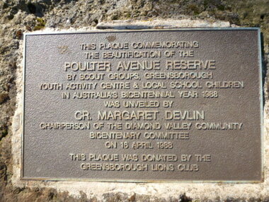 Photograph - Digital image, Plaque - Poulter Avenue Reserve Greensborough, 18/04/1988