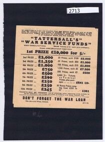 Tickets, Mercury Press, Tattersall's War Service Funds, 1940s