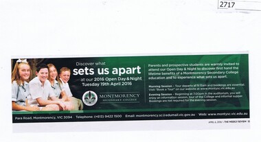 Advertisement, The Weekly Review, Montmorency Secondary College, 19/04/2016