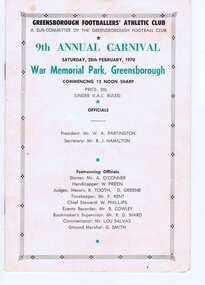 Program, Greensborough Football Club, Greensborough Football Club. Athletic Program 1970, 28/02/1970