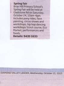 Newspaper Clipping, Spring Fair. Briar Hill Primary School BH4341, 21/10/2015