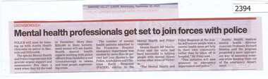 Newspaper Clipping, Mental health professionals get set to join forces with police, 30/09/2015