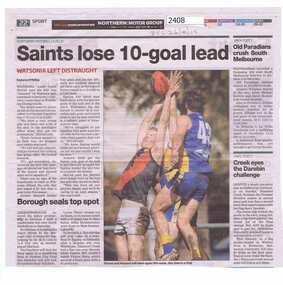 Newspaper Clipping, Saints lose 10-goal lead, 26/08/2015