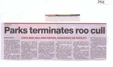 Newspaper Clipping, Parks terminate roo cull, 25/11/2015
