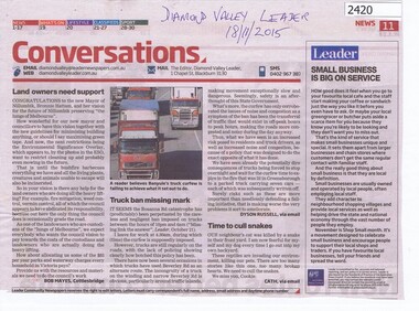 Newspaper Clipping, Conversations  - Nillumbik Environment - Banyule Rosanna Road Truck Ban - Snakes, 18/11/2015