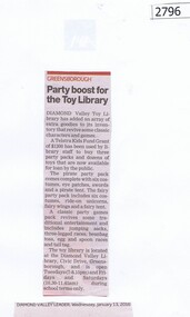 Newspaper Clipping, Diamond Valley Leader, Party boost for the Toy Library, 13/01/2016