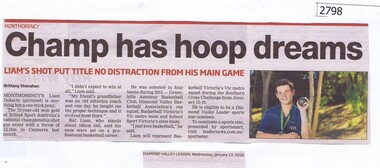 Newspaper Clipping, Diamond Valley Leader, Champ has hoop dreams, 13/01/2016