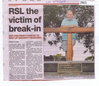 Newspaper Clipping, Diamond Valley Leader, RSL victim of break-in, 27/01/2016