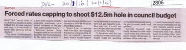 Newspaper Clipping, Diamond Valley Leader, Forced rates capping to shoot $12.5m hole in council budget, 20/01/2016