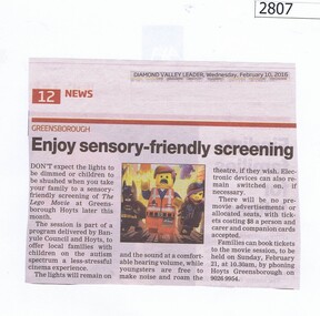 Newspaper Clipping, Diamond Valley Leader, Enjoy sensory-friendly screening, 10/02/2016
