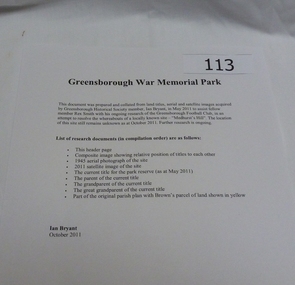 Work on paper - Folder of Documents, Ian Bryant, War Memorial Park Greensborough, 2011_