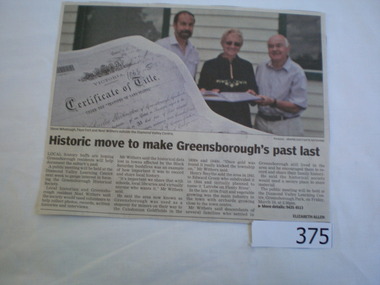 Newspaper clipping, Historic move to make Greensborough's past last, 19/03/2010