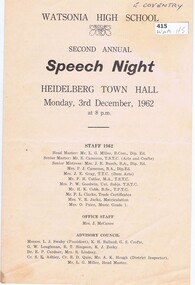 Program, Watsonia High School, Watsonia High School Second Annual Speech Night 1962, 03/12/1962