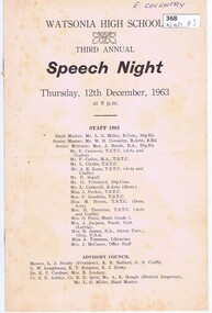 Program, Watsonia High School, Watsonia High School Third Annual Speech Night 1963, 12/12/1963