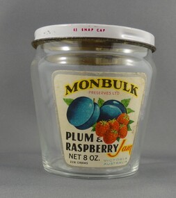 Jar, Monbulk Jams: Plum and Raspberry, 8 oz, 1975c