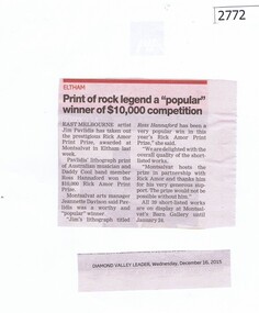 Newspaper Clipping, Print of rock legend a 'popular' winner of $10,000 competition, 16/12/2015