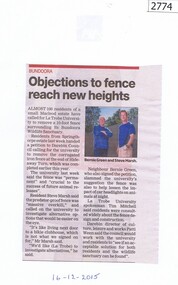 Newspaper Clipping, Objections to fence reach new heights, 16/12/2015