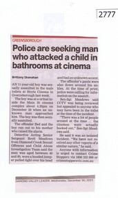 Newspaper Clipping, Police are seeking man who attacked a child in bathrooms at cinema, 16/12/2015
