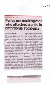 Newspaper Clipping, Police are seeking man who attacked a child in bathrooms at cinema, 16/12/2015