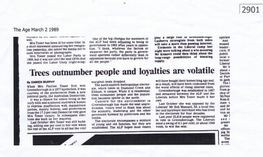 Newspaper clipping, The Age, Trees outnumber people and loyalties are volatile, 02/03/1989