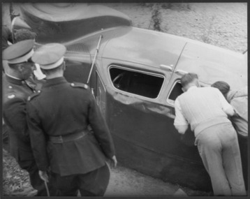 Photograph - Digital image, George Thomas, Lancia on its side, Greensborough Hill Climb, 07/10/1945