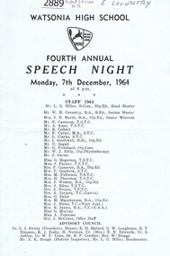 Program, Watsonia High School WaHIGH Fourth Annual Speech Night 1964, 07/12/1964