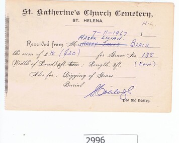 Receipt, St Katherine's Church Cemetery, 07/11/1967