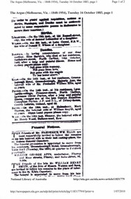Newspaper Clipping, Argus (newspaper), Death notice of Mrs Ellis 16 October 1883, 16/10/1883