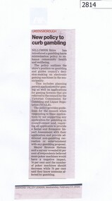Newspaper Clipping, Diamond Valley Leader, New policy to  curb gambling, 17/02/2016
