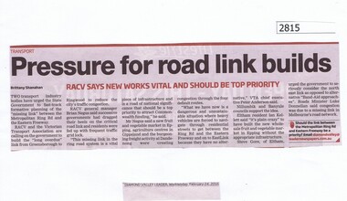 Newspaper Clipping, Diamond Valley Leader, Pressure for road link builds, 24/02/2016