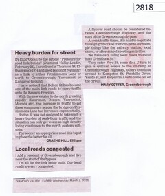 Newspaper Clipping, Diamond Valley Leader, Heavy burden for street, 02/03/2016