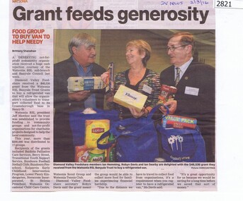 Newspaper Clipping, Diamond Valley Leader, Grant feeds generosity, 02/03/2016