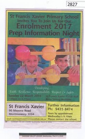 Newspaper Clipping, Diamond Valley Leader, St Francis Xavier Montmorency Mo1343 [Enrolment Advertisement], 09/03/2016