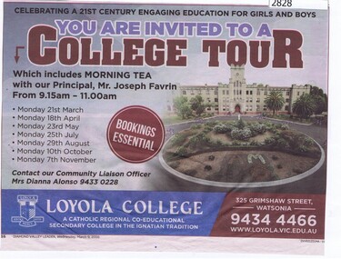 Newspaper Clipping, Diamond Valley Leader, Loyola College Tour  Wa1810 [Advertisement], 09/03/2016