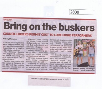 Newspaper Clipping, Diamond Valley Leader, Bring on the buskers, 16/03/2016